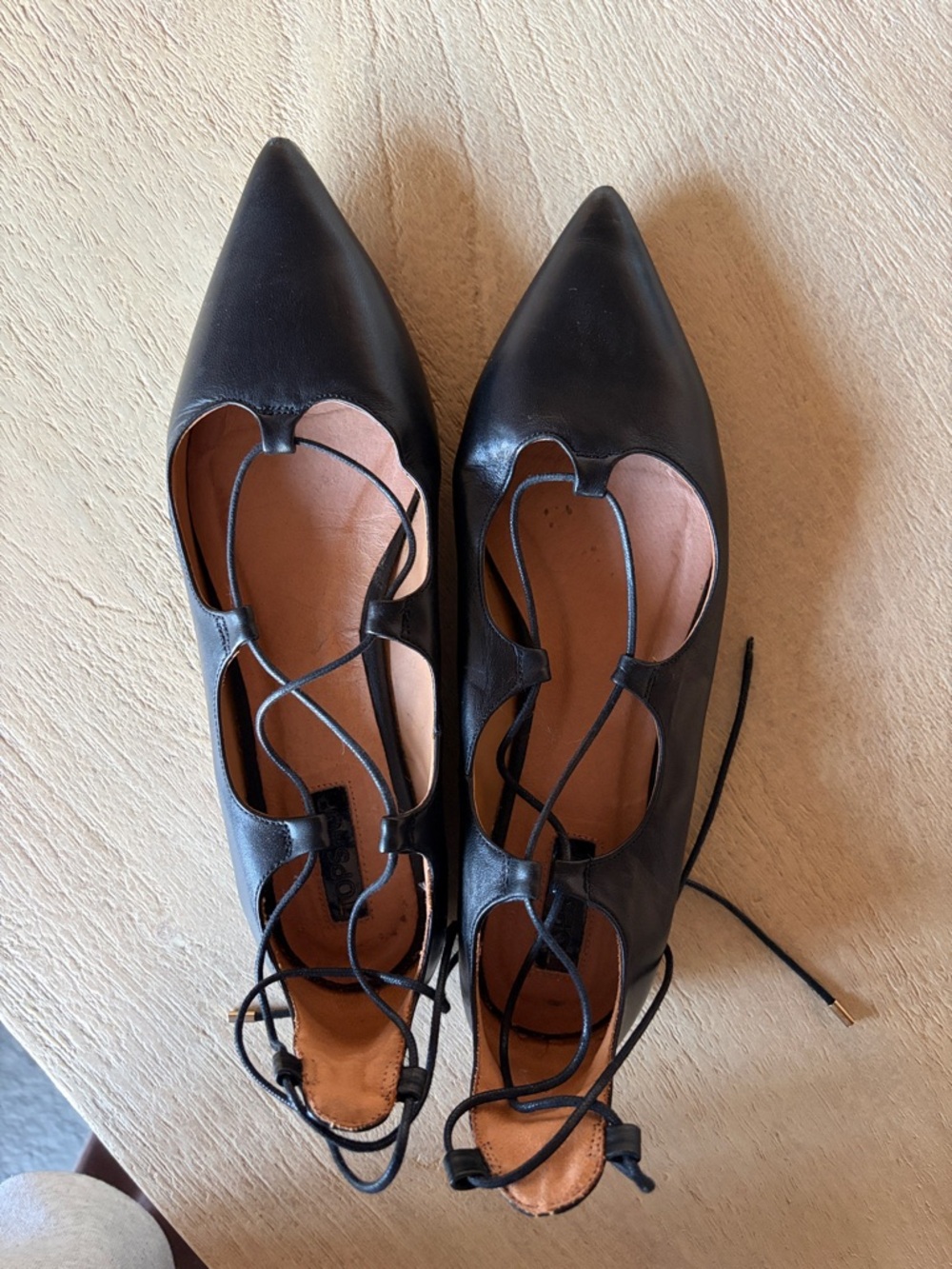 Topshop Women's Black Lace-Up Pointed Toe Flats